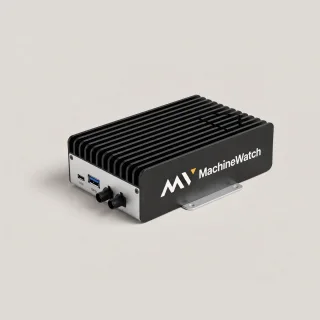 The Rugged MachineWatch compute: a low black finned box with the MachineWatch logo on its side.