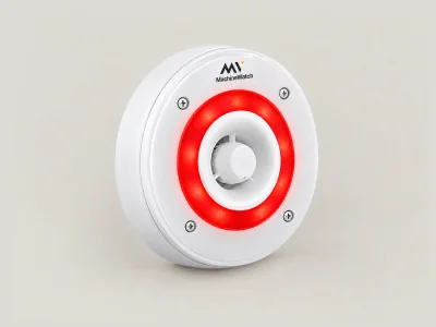 The MachineWatch light and siren, its ring lit red.