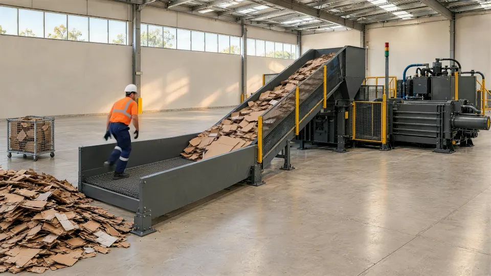 A site camera's view of the baler: a person steps onto the infeed while it runs, and nothing else happens.