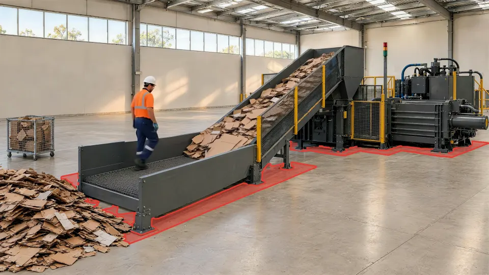 The same baler with MachineWatch: the zone around the infeed is red and the stack light is on as the person steps onto it.