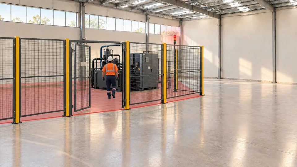 A fenced enclosure: someone inside the gate. The floor beyond the gate line is red and the gate beacon is on.