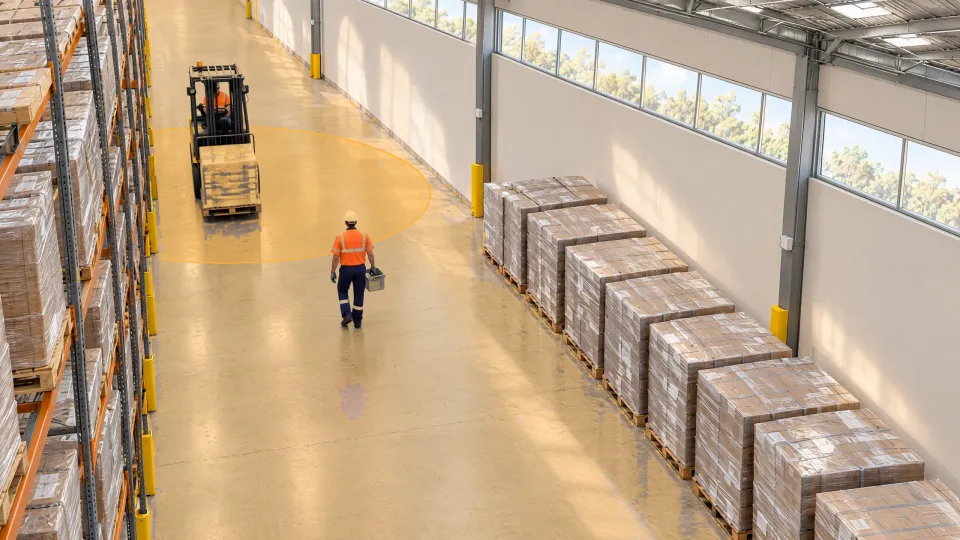 A warehouse aisle with an illustrative envelope around a forklift shown in amber.