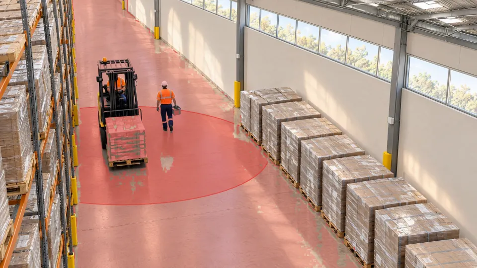 A warehouse aisle: a pedestrian inside the envelope around a forklift, shown red.
