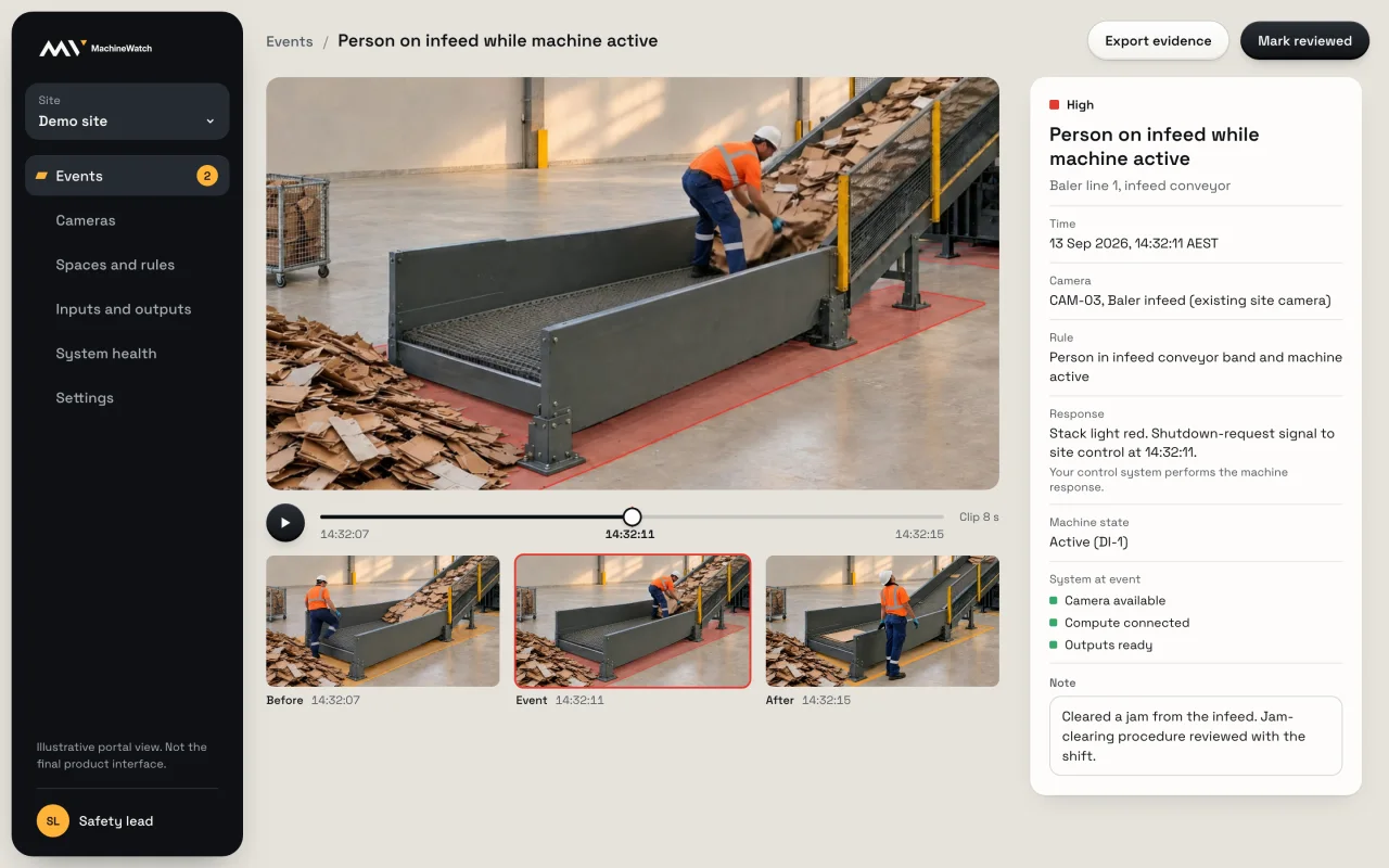 Illustrative portal view: an event under review, with its response, the system state and a note on the fix.