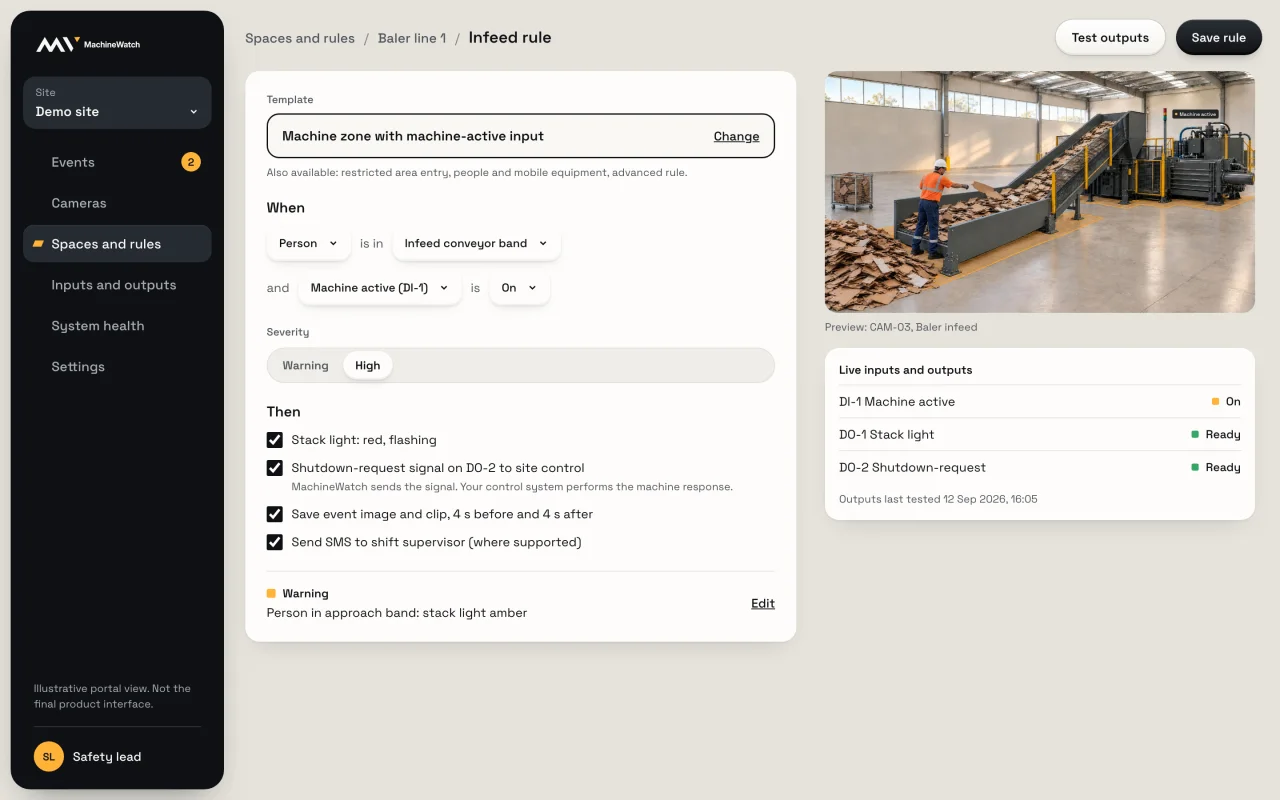 Illustrative portal view: a machine-zone rule with its inputs, severity and responses.
